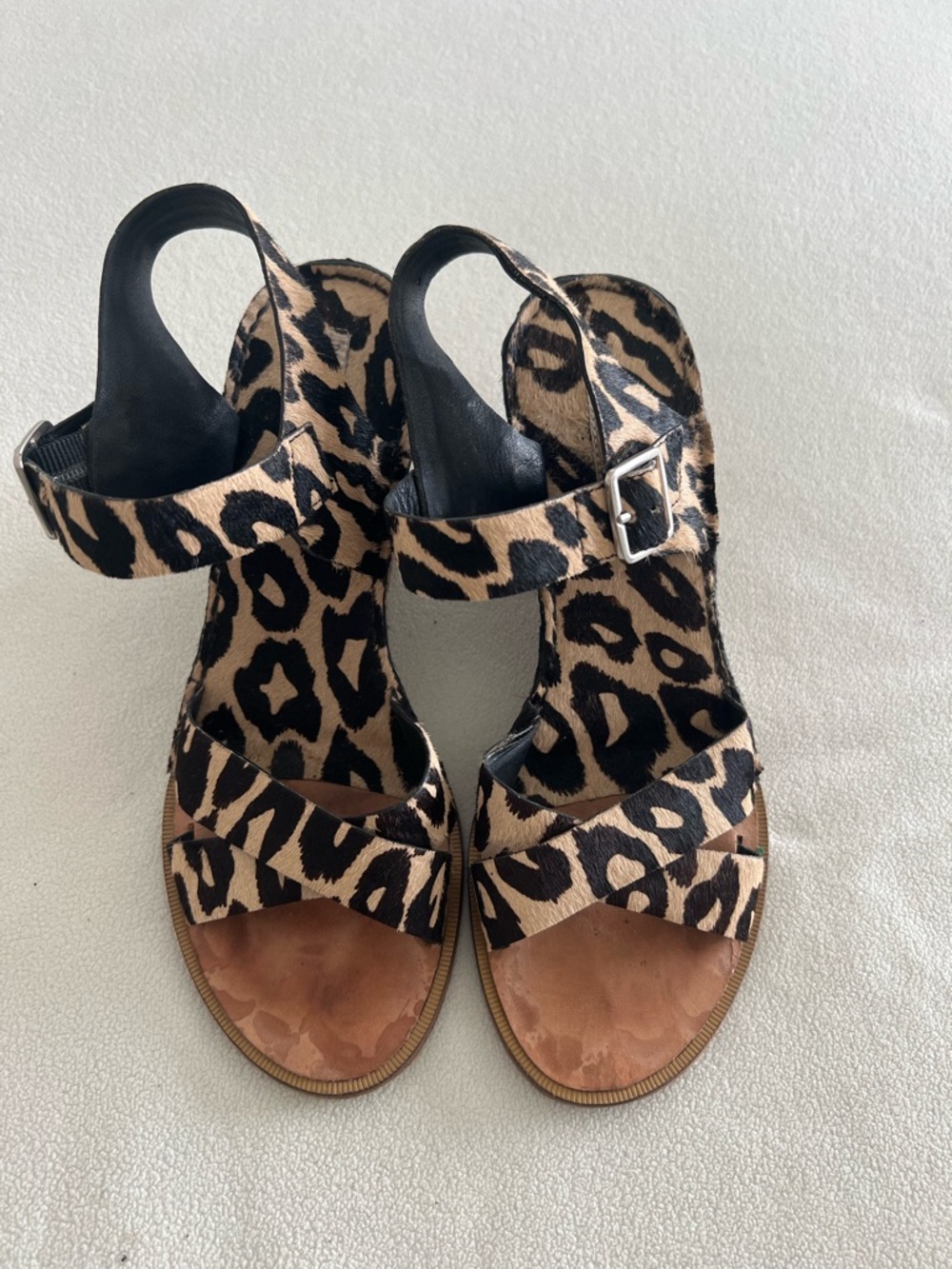 Diane Von Furstenberg Leopard Print Ankle Strap Sandals in Tan and Black